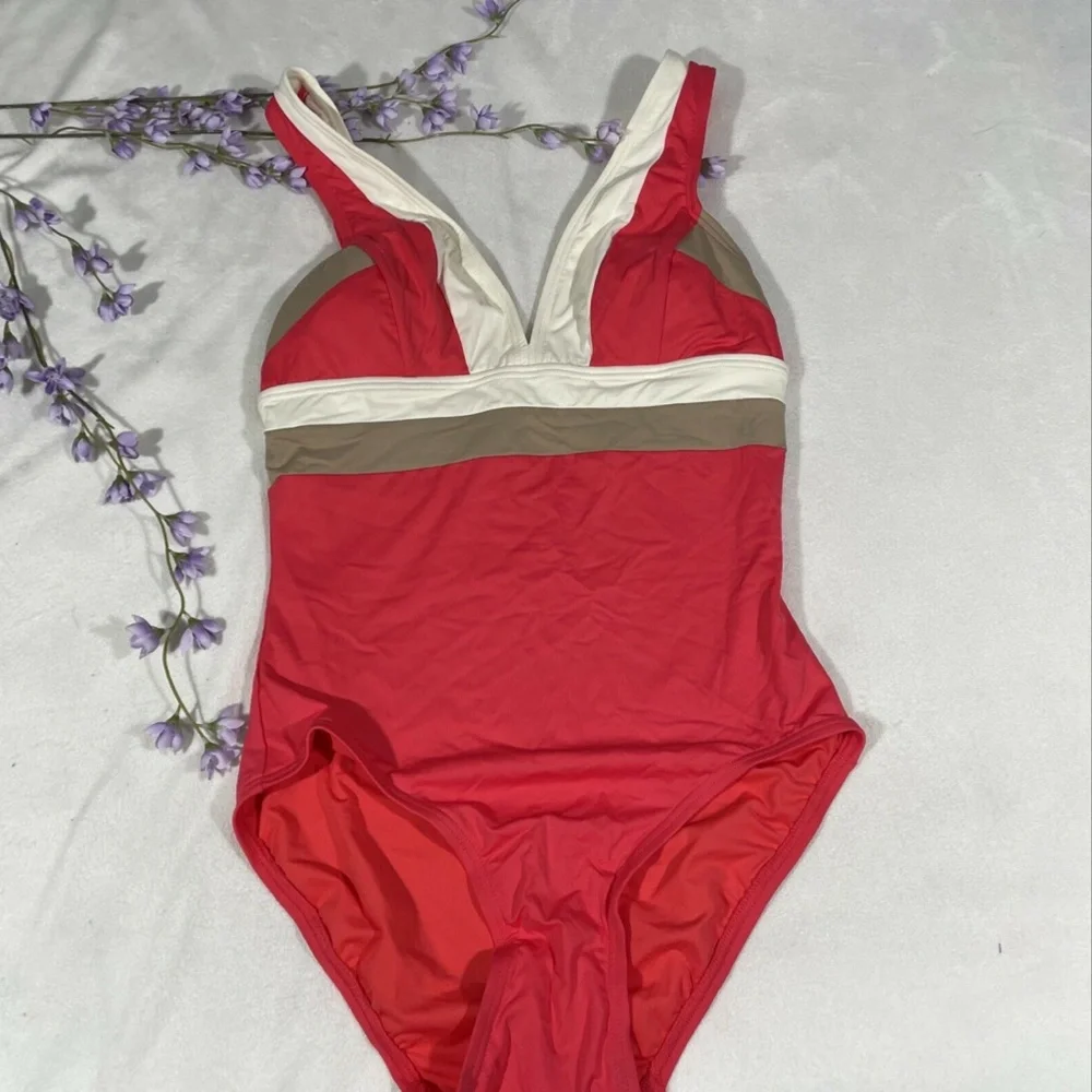 NWT DKNY [SZ 6 ]‎ Colorblock V Neck Maillot One Piece Swimsuit Coral - Picture 2 of 12
